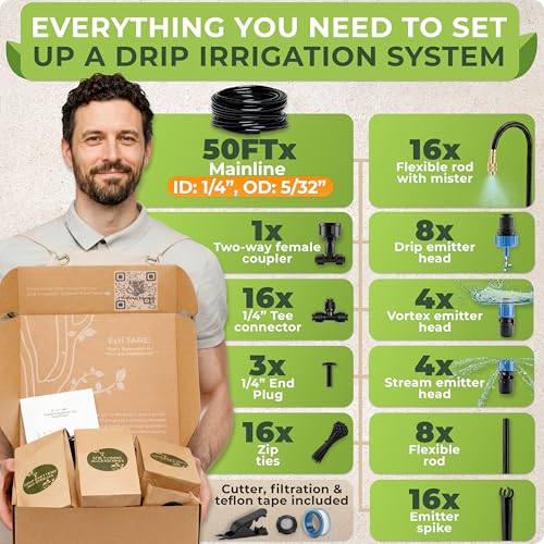 Drip Irrigation System Kit with Atomizing Copper Nozzles, 50 feet | For Raised Beds, Potted Plants or Greenhouse with 16pcs 360° Adjustable Watering Spray Nozzles - size: 16 Atomizing Nozzles + 16 Emitters + 50 feet