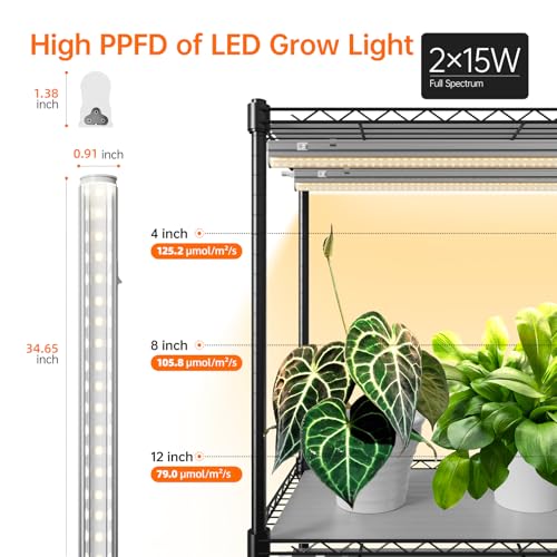 4-Tier Plant Shelf with Grow Light, 35.4x13.8x70.8in | Grow Light Shelf, Indoor Plant Stand, 6-Pack Full Spectrum LED Plant Lights, Timer, 90W Total, Ideal for Seed Starting