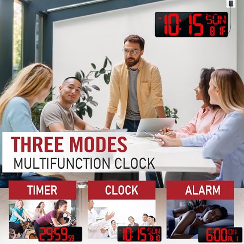 16.5 Digital Wall Clock Large Display, LED Wall Clock with Date and Temperature,Count Up/Down Timer Clock with Remote Control, Adjustable Brightness Alarm Clock for Home, Office, Gym, Elderly - color: 17''-red-remote
