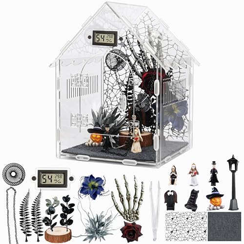 Acrylic Jumping Spider Enclosure with Gothic Decor Kit | 8"x8"x12", magnetic lock, feeding port, climbing wall, hide, plants, and gothic figurines - color: Black-gothic Style