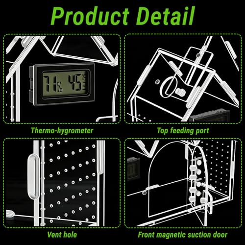 Jumping Spider Enclosure with Built-in Hygrometer Thermometer, 9.5"x4"x6.7" Acrylic Reptile Terrarium, Magnetic Front Door Habitat Tank for Tarantulas, Snails, Isopods, Insects