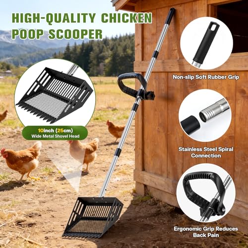 2-in-1 Chicken Poop Scooper & Rake with Ergonomic Non-Slip Handle, Adjustable Stainless Steel Handle (36–63"), Litter Cleaning Tools for Chicken Coop Farm Animals