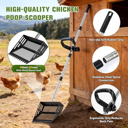 2-in-1 Chicken Poop Scooper & Rake with Ergonomic Non-Slip Handle, Adjustable Stainless Steel Handle (36–63"), Litter Cleaning Tools for Chicken Coop Farm Animals