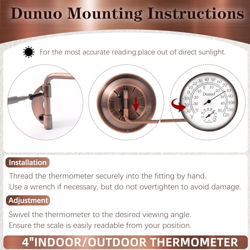 4-Inch Long Arm Brass Outdoor Thermometer & Humidity Gauge | Weatherproof Battery-Free Analog Hygrometer, °F/°C Dual Scale, Adjustable Swivel Bracket for Patio, Window & Greenhouse - size: 4inch with longer arm