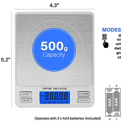 Smart Weigh Digital Pro Pocket Scale 500g x 0.01g – 6 Units: g, oz, gn, ozt, DWT, ct – High Precision for Kitchen, Herbs & Jewelry – Includes Hold/Counting, 2 Trays & Batteries - size: 500 Grams
