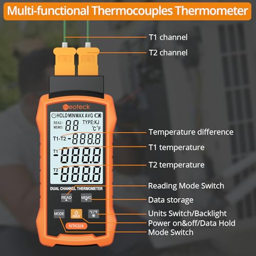 Neoteck Dual Channel Thermocouple Thermometer -50~700℃ with 4 K-Type Probes | High-precision Thermocouple Reader Data Storage and Retrieval Widely Used in HVAC, Automobile,Electrical Maintenance etc.