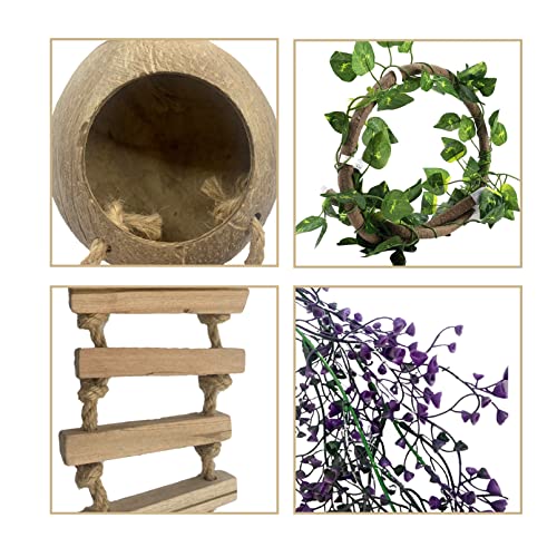 Crested Gecko Coconut Hut with Ladder,Bearded Dragon Coco Den Reptile Shell Hideout Husk Hut Climbing Plants Leaves Tank Accessories for Lizard Chameleon Snakes