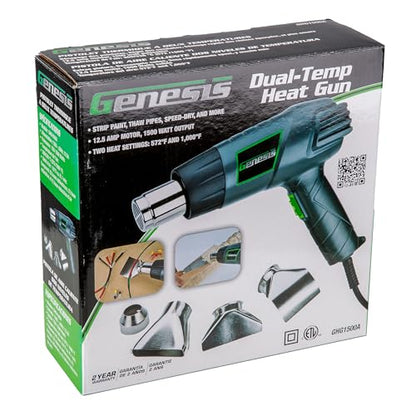 Genesis GHG1500A Dual Temperature Heat Gun Kit With Fast Heat High And Low Settings 572F/1000F, Air Reduction Nozzle, Reflector Nozzle, And Two Deflector Nozzles with 2 Year Warranty | 572F or 1000F, For Shrink Tubing, For Crafting, For Vinyl Wrap, 4 Acce