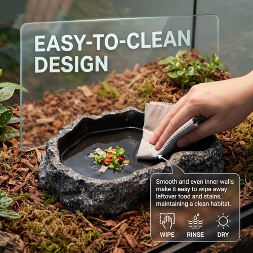 Reptile Water Dish with Natural Rock Texture, 600ml Tortoise Water Bowl for Amphibians & Reptiles, Black, 8.9x6.50x1.77 Inch, Snake Bowl - color: Black