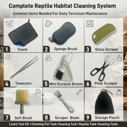 Reptile Cleaning Kit 9PCS, Terrarium Cleaning Tools Set with Scraper, Brush, Tweezers & Sponge, Tank Maintenance Kit for Bearded Dragon, Gecko, Snake Habitat Supplies