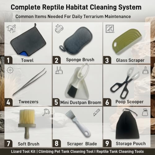 Reptile Cleaning Kit 9PCS, Terrarium Cleaning Tools Set with Scraper, Brush, Tweezers & Sponge, Tank Maintenance Kit for Bearded Dragon, Gecko, Snake Habitat Supplies