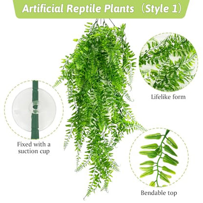 Hamiledyi 5 Pcs Reptile Plants Terrarium Hanging Fake Plant Leaves, Bearded Dragon Tank Accessories, Habitat Decor for Snake Leopard Gecko Lizard Chameleon Spider Turtle (Style 2) - size: 5 PCS - Style 2