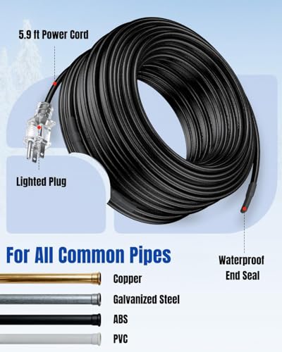 Pawfly 50 FT Heat Tape for Water Pipes, 8 W/ft 120 V Pipe Heating Cable, Self-Regulating Heating Trace for Pipes Freeze Protection, Roof Heat Cable for Pipe Roof Gutter, Keep Water Flowing at -40 °F - style: 50 ft