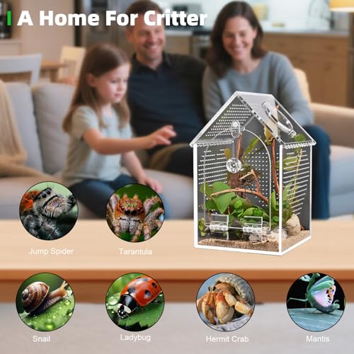 Cycodo Jumping Spider Enclosure,Warp-Proof Seamless Acrylic Tarantula Terrarium,Front Opening Bug Habitat with Feeding Port for Praying Mantis,Hermit Crabs,Snail,Micro Reptile(5" L*5" W*8" H) - size: 5"L * 5"W * 8"H