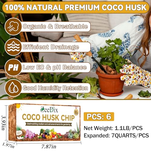 6 Pack Coco Husk Chips for Plants, 6.6LB | 100% Organic Coconut Chips Mulch with Low EC & PH Balance, Indoor Plant Flowers Herbs Vegetables, Reptiles Tanks Substrate - color: 6 pack