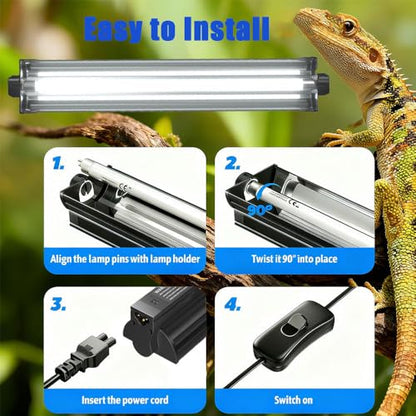 KINGYEENUO T8 UVB Reptile Light Fixture HO UVB Bulb Lighting Combo Kit, 10.0 UVB Light for Reptiles Terrarium Hood, 15W Reptile Light Bar UVA UVB Desert Lamp for Bearded Dragon Turtle Tank, 18Inch
