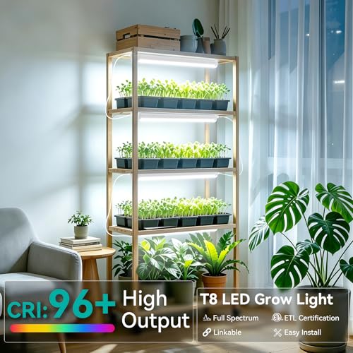 JESLED 2FT Grow Lights, 5000K Full Spectrum Sunlight White, V-Shaped Beam | 48W(2 X 24W), 300W Equiv, On/Off Switch, T8 LED Grow Light Strips for Seed Starting, Greenhouse, Growing Shelf, 2-Pack - size: 2FT-2P