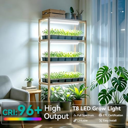 JESLED 2FT Grow Lights, 5000K Full Spectrum Sunlight White, V-Shaped Beam | 48W(2 X 24W), 300W Equiv, On/Off Switch, T8 LED Grow Light Strips for Seed Starting, Greenhouse, Growing Shelf, 2-Pack - size: 2FT-2P