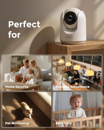 Devo Indoor Security Camera, 2K 360 Pan-Tilt Pet Dog Baby Monitor Camera | WiFi Smart Camera for Home with Phone App,Motion Detection, Color Night Vision, 2-Way Audio, 256GB SD