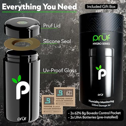Prūf Jar with Built-In Humidity & Temperature Monitor (Hygrometer) – Airtight 500ml UV-Proof Glass Storage Jar with Silicone Seal – Humidity Control – Includes 2 Boveda 62% (8g) Packs – by Hygenix