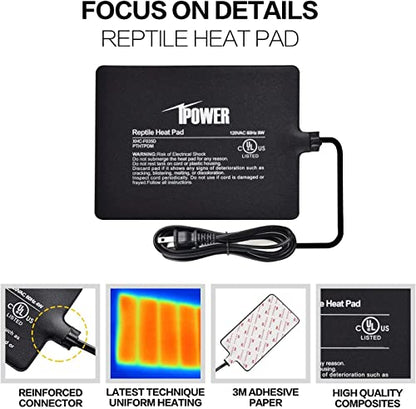 iPower Reptile Heat Pad Under Tank Terrarium Warmer Heating Mat for Turtle, Lizard, Frog, Snake, Reptile, and Other Small Animals, 6X8 Inch, 8W Black - size: 6 X 8 Inch, style: 1 Pack