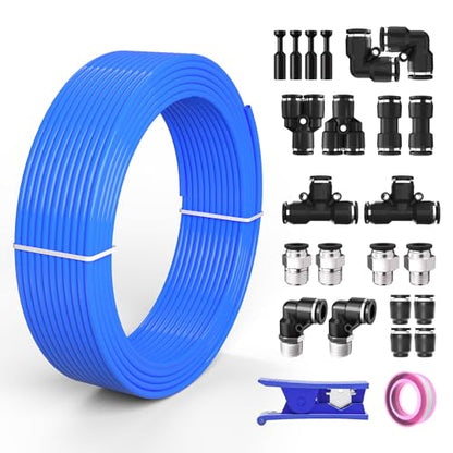3/8 OD Inch Air Line Hose Tubing Kit Poly Airline Blue | Polyurethane Compressed Pneumatic Compressor Repair Kit With Push To Connect Fittings - color: Blue, size: 3/8" OD