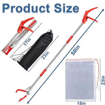 Upgraded 50" Snake Grabber Tool with Lock, Stainless Steel Snake Tongs, Foldable Long Reach Snake Catcher with Non-Slip Grip and Wide Jaw