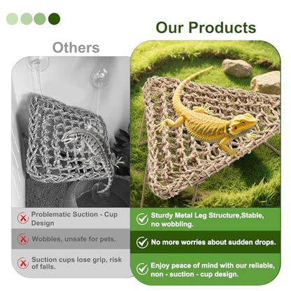 Bearded Dragon Hammock - Reptile Bed Tank Accessories with Collapsible Metal Legs - Basking Platform and Decor for Lizards, Leopard Gecko, Snake, Hermit Crab, Frog - Seagrass Material - Triangle Shape