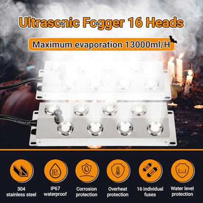 Ultrasonic Mist Maker Fogger 16 Heads, 13000ml/H Ultrasonic Mister | 600W & IP67 Waterproof Power Supply, with 2 Floats & 16 Atomizer Heads Replacements for Fountain Pond, Halloween - size: 16 Heads