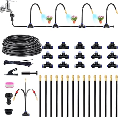 360°Bendable Automatic Irrigation System, 50Ft Adjustable Garden Watering Misting System for Outdoor Cooling System, Trampoline, Greenhouse, Lawn, Plant, Water Mister Nozzles Thread Sprayer 0.043"