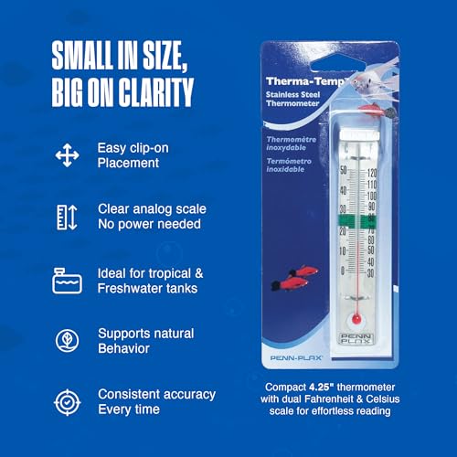 Penn-Plax Therma-Temp Stainless Steel Thermometer - Accurate Aquarium Thermometer - Easy to Read - Dual Scale for Freshwater and Saltwater Tanks - Rust-Resistant Clip-On Design - 4.25 Inches - size: 4.25 inches, style: Silver