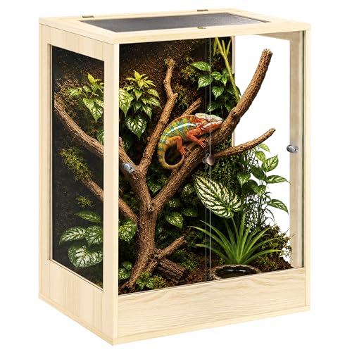 24" x 18" x 36" Tall Reptile Terrarium, 65 Gallon Glass Chameleon Cage, Vertical Crested Gecko Tank with Ventilated Mesh Top, Front Opening Rainforest Habitat, Oak - color: Oak, size: 24" L x 18" W x 36" H, 65 Gallon
