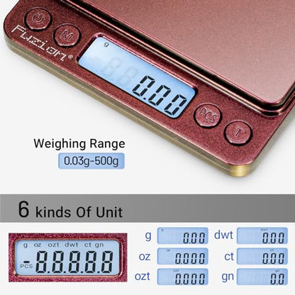 Fuzion Digital Scale .01 Gram Accuracy, 500g Small Kitchen Food Scales | 2 Trays Included for Jewelry, Gold, Herb, Powder, Spice, Coffee, Coin - Weight Gram and Oz - color: Ombré Gold-Pink