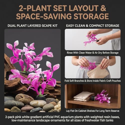 2 Pack 5.43 Inch Pink Plastic Aquarium Plants Fish Tank Decor | Waterproof Mini Desktop Bowl Aquascape Accessory with Weighted Black Base, Fits Finshes Landscapings Aquatic Habitat Layout
