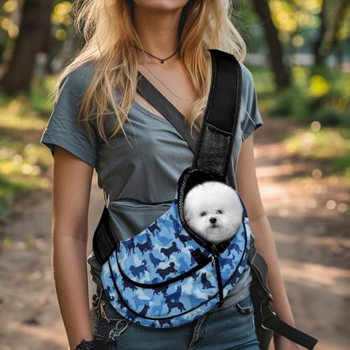 COEQINE Blue Camo Dog Carrier Sling for Small Dogs and Cats Adjustable Strap Cute Puppy Crossbody Purse Drawstring Dog Papoose Breatheable Front Facing Dog Tote Handbag - color: Blue Camo Cute Puppy Print