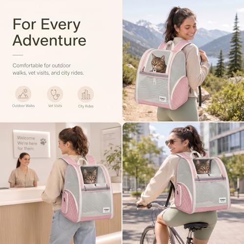 Cat Backpack Carrier for Small Dogs and Medium cat Puppy Kitten Bunny Pet Carrier Backpack Collapsible with Fully Ventilated Mesh with Safety Leash (Pink, 12.9" L x 10.62" W x 15.5" H - M) - color: Pink, size: Medium