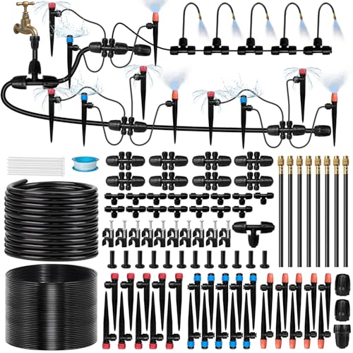 250FT Drip Irrigation System for Garden with 38pcs Adjustable Copper Nozzles & Emitters, Automatic Garden Watering System with 1/2" & 1/4" Tubing for Raised Bed, Yard, Greenhouse, Potted Plants, Lawn - size: 53FT 1/2'' Main Tube + 197FT 1/4'' Drip Tube