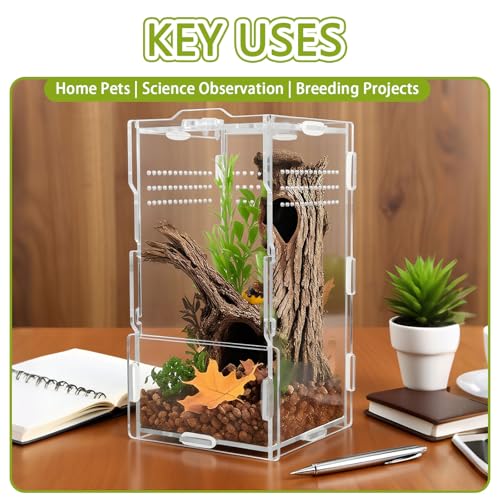 4x4x8 Inch Acrylic Reptile Terrarium，Front Opening Tarantula Enclosure with Swivel Lock & Magnetic Feeding Door，Small Spider Cage for Jumping Spider、Scorpion、Isopods、Snails