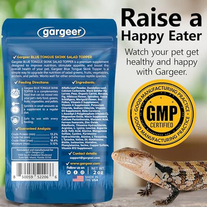 Gargeer 2oz Blue Tongue Skink Salad Topper. Enhanced Appetite, Made in USA | Natural appetite-stimulating topper! Dandelion, hibiscus, alfalfa & spirulina boost skink greens, fruits & pellets - size: 2 Ounce (Pack of 1)