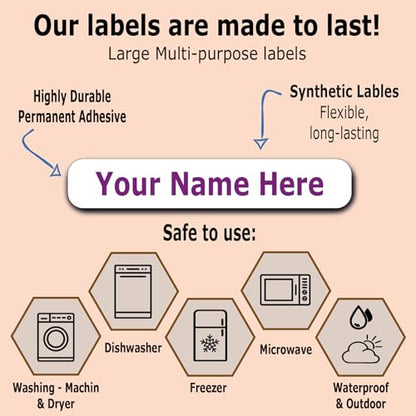 30 Long Personalized Waterproof Name Labels. Press and Stick Multi use Custom Name Labels. Customized Your Text and Color. ID Identification Name Stickers with Permanent Self Adhesive. - color: 30 Long Labels - White Background