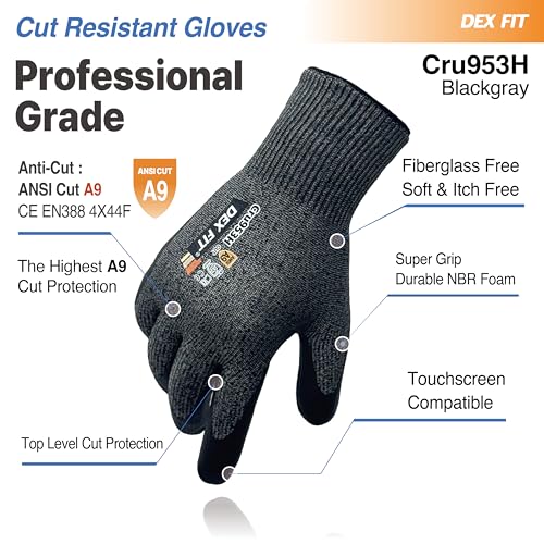 DEX FIT Cru953H Level A9 Cut Resistant Gloves, Fiberglass-Free, Power Grip Foam Nitrile, 3D Comfort Fit, Touchscreen, 13-Gauge for Sheet Metal, Stamping, Glass, Recycling; Blackgray M 1 Pair - color: A9 Black Gray, size: Medium