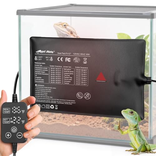 Reptile Heating Pad with Internal Sensor&Thermostat, 8" x 12" 16W Under Tank Heater Mat for 10-40 Gallon Tanks, IP67 Waterproof Safe Heat for Turtles, Bearded Dragons, Snakes, Lizards and Seedling - size: 12”x 8” (16W)