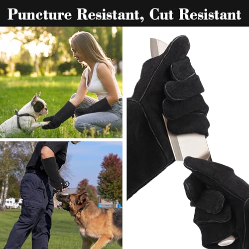 Animal Handling Gloves Bite Proof, Thickened Leather Cat Gloves for Scratching, Falconry, Welding, 23.6 inch Black - color: Black
