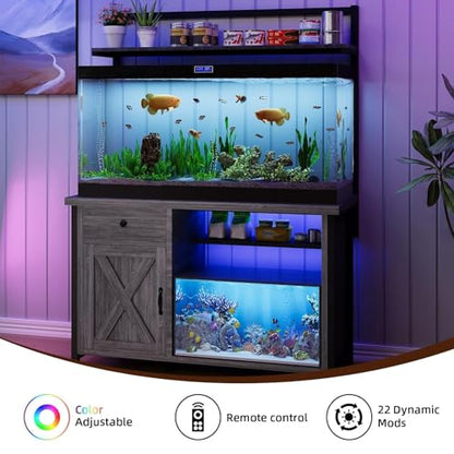 55-75 Gallon Fish Tank Stand with Storage, Aquarium Stand with Shelf, Gray | 49.2 x 19.7 In Top, Upper Shelf, LED Light, 2 Outlets, 2 USB Ports, Metal Frame Support, Turtle Tank Stand, 1100 LBS - color: Gray