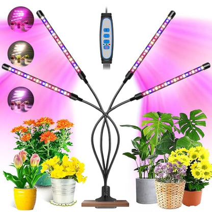 Grow Lights for Indoor Plants, Full Spectrum with Clip, 4 Head | 6000K Plant Light, Timer 6/12/16Hrs, 3 Spectrums, 5 Dimmable Levels, Flexible Gooseneck - size: (1 Pack)4 Arms