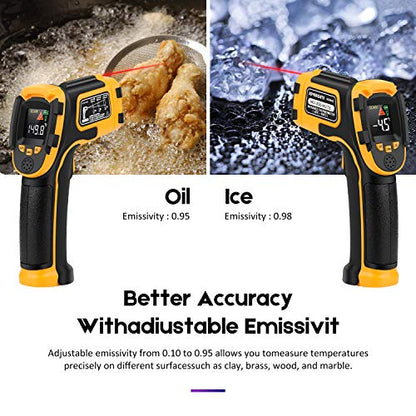 Infrared Thermometer Non-Contact Digital Laser Temperature Gun -58℉～1112℉(-50℃～600℃) Adjustable Emissivity IR Temp Gun - for Cooking, BBQ, Food, Fridge, Pizza Oven, Engine - Meat Thermometer Included