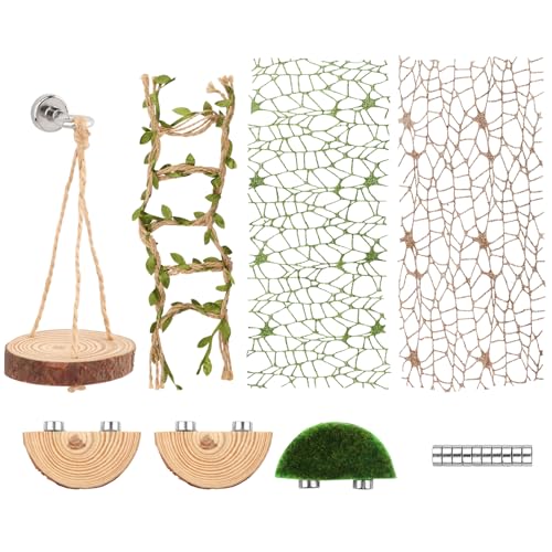 Jumping Spider Habitat Decor Set, 7-Piece Enclosure Climbing Kit | Includes 2 glitter webs, 3 wood platforms, 1 swing, and 1 rope bridge for climbing, resting, and styling enclosures