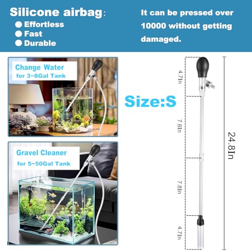 Carefree Fish Aquarium Small Gravel Cleaner 6Ft Hose Fish Tank Water Changer Sand Vacuum Silicone Airbag Adjustable Length ABS(for 3~8Gal Tank) 2026 New Upgrade Version - size: S(3~8Gal)