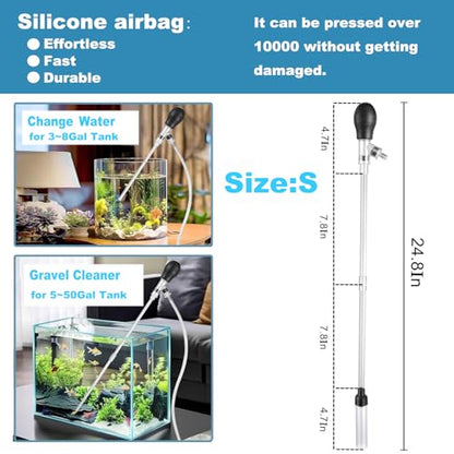 Carefree Fish Aquarium Small Gravel Cleaner 6Ft Hose Fish Tank Water Changer Sand Vacuum Silicone Airbag Adjustable Length ABS(for 3~8Gal Tank) 2026 New Upgrade Version - size: S(3~8Gal)