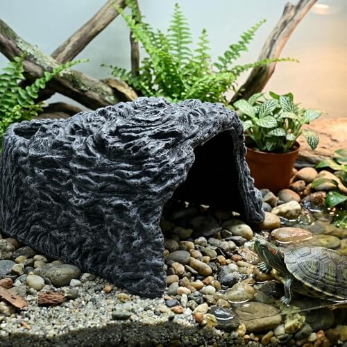 Extra Large Reptile Hideouts Cave, Resin Tortoise Hide Cave, Rock Basking Habitat Decor for Bearded Dragon, Leopard Gecko, Snake, Turtle, Lizard, Frog, Terrarium Aquarium Hideout(Large Size) - size: 9.3 x 8.1 x 5 inch
